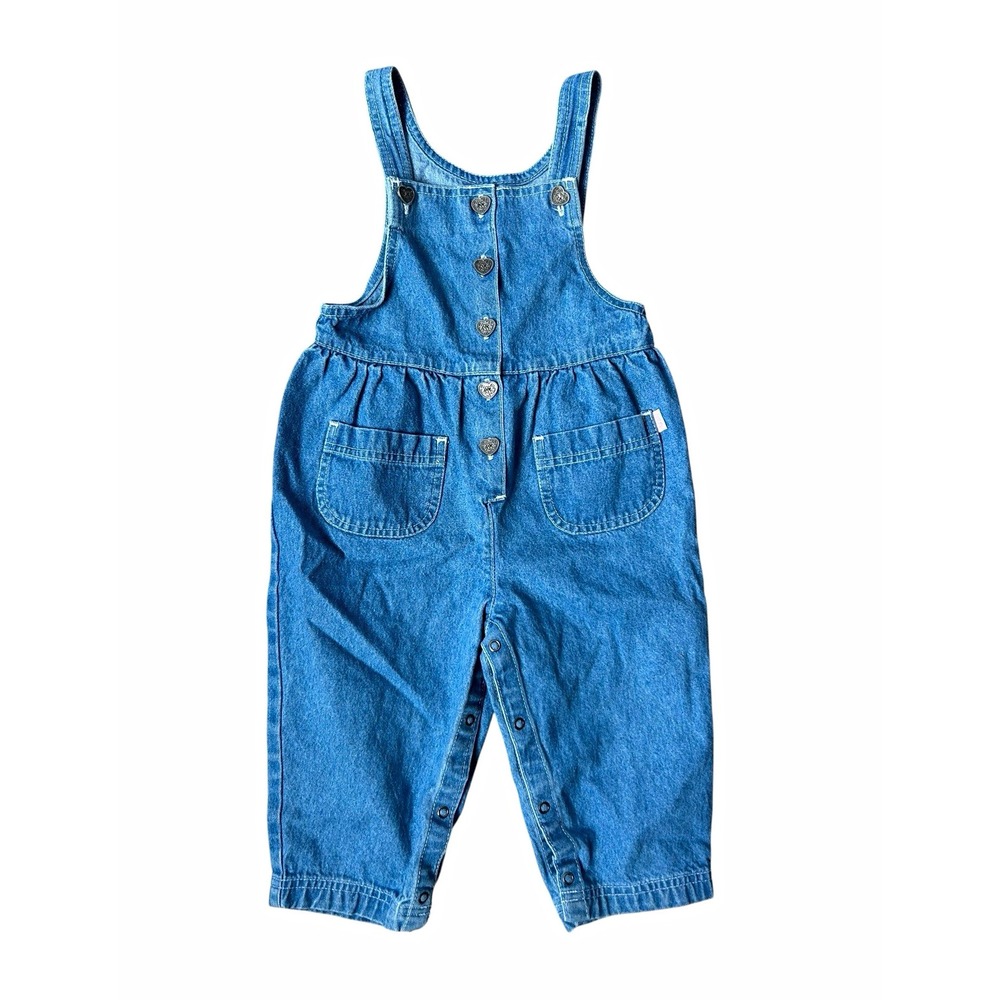 Vtg Liberty Toddler Girls Denim Bubble Overalls With Silver Heart Buttons 24 Mos